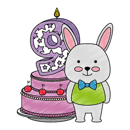 cute number nine candle with rabbit and cake vector illustration designのイラスト素材