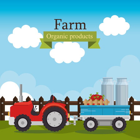 farm scene organic products label vector illustration designのイラスト素材