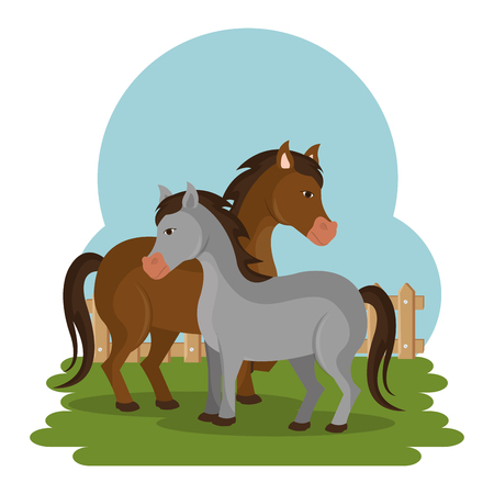 horses in the farm scene vector illustration designのイラスト素材
