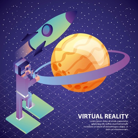 man with vr control headset stairs rocket saturn planet illustration, vector,のイラスト素材