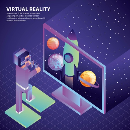 man using vr goggles screen rocket planets space illustration, vector,のイラスト素材