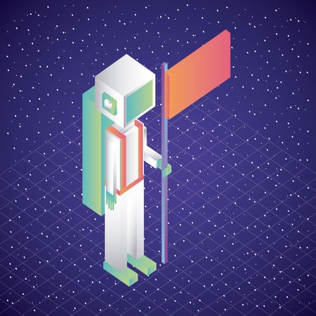 virtual reality astronaut holding flag in space illustration, vector,のイラスト素材