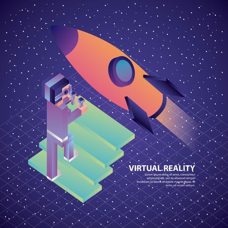 gamer vr glasses and controller climbing stairs rocket in space illustration, vector,のイラスト素材