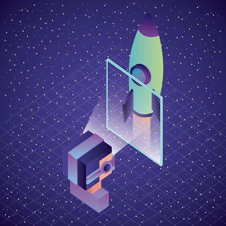 gamer with vr glasses watching rocket in screen illustration, vector,のイラスト素材