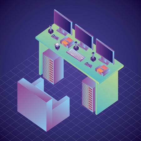 room interior virtual reality sofa tagle computers joysticks and game consoles vector illustrationのイラスト素材