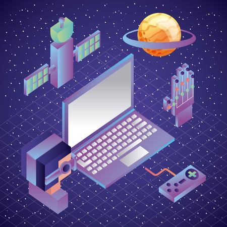 man and laptop virtual reality control wired glove satellite planet vector illustrationのイラスト素材