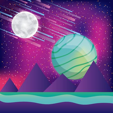 landscape mountains moon planet asteroids virtual reality vector illustrationのイラスト素材