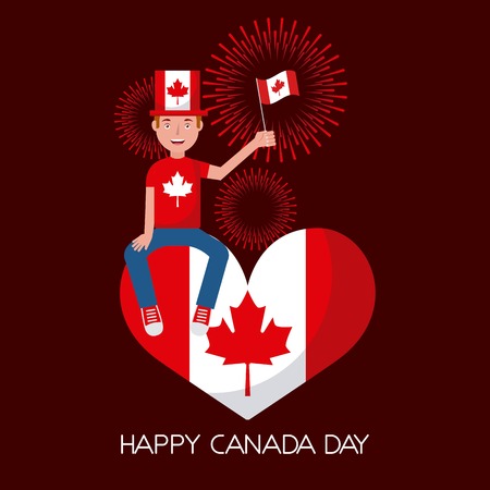 canada day man sitting holding flag in heart red fireworks vector illustrationのイラスト素材