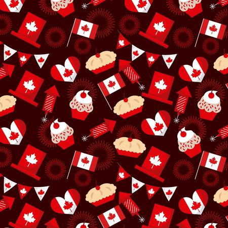 canada day background hats fireworks cakes cherry pies flags rockets vector illustrationのイラスト素材