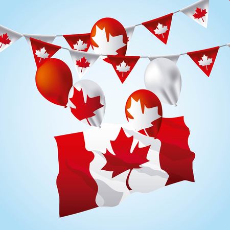canada day degrade background wave flag balloons leave maple pennants vector illustrationのイラスト素材