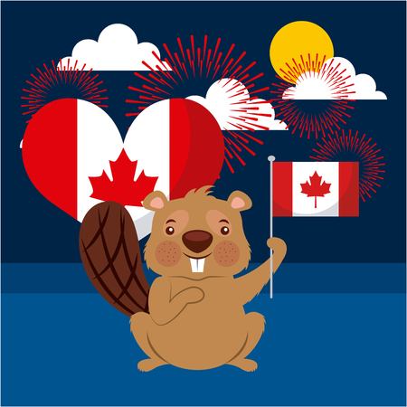 canada day night sun heart beaver holding flag leave maple vector illustrationのイラスト素材