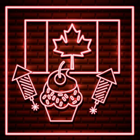 canada day neon flag with cherry cake rockets vector illustrationのイラスト素材