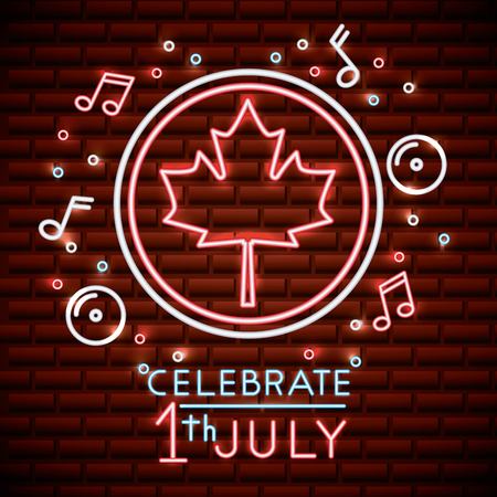 canada day neon icons music bubbles stars sticker leave maple july celebrate vector illustrationのイラスト素材
