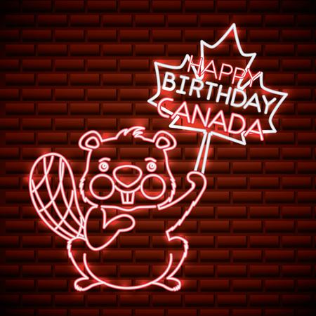 canada day neon cute beaver holding leave maple happy birthday vector illustrationのイラスト素材