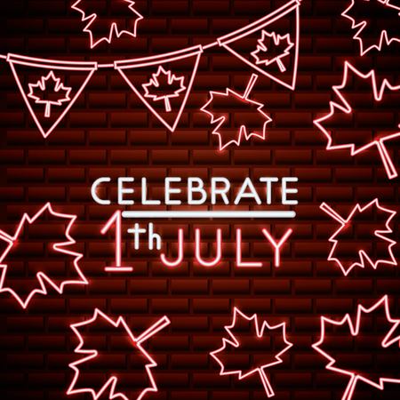 canada day neon leave maples pennants decoration celebrate july vector illustrationのイラスト素材