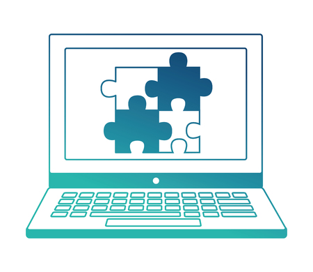 laptop with jigsaw puzzle pieces vector illustration neon designのイラスト素材