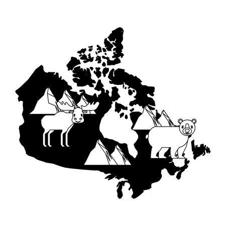 canada map silhouette with reindeer and bear grizzly vector illustration designのイラスト素材