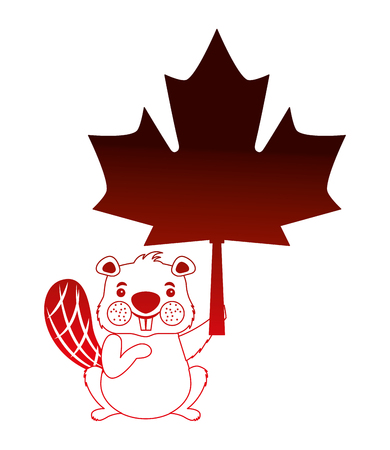 cute beaver cartoon holding maple leaf vector illustration neonのイラスト素材