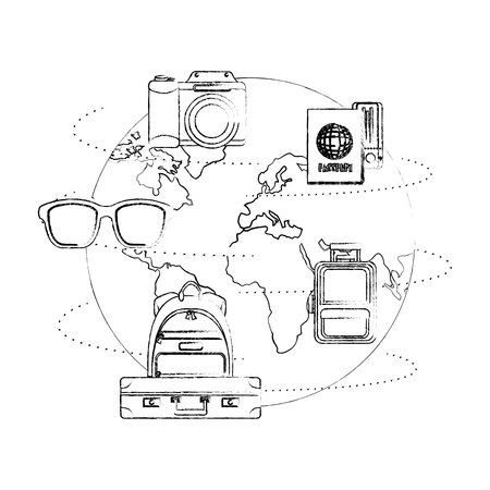 world planet earth with travel icons vector illustration designのイラスト素材