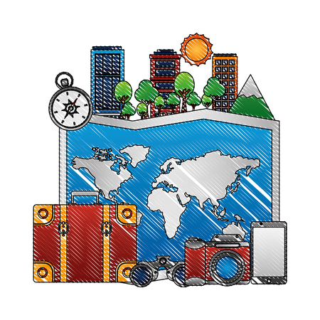 world paper map with cityscape and travel icons vector illustration designのイラスト素材