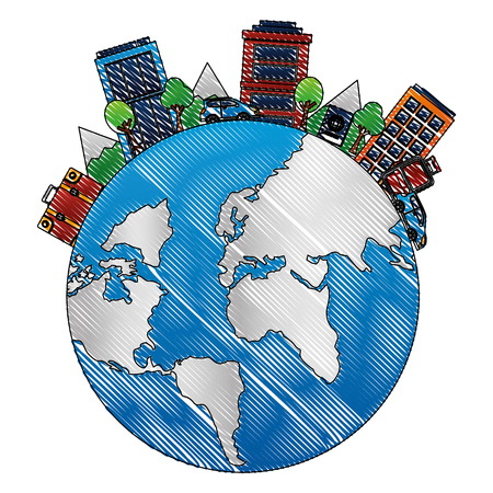 world planet earth with cityscape isolated icon vector illustration designのイラスト素材