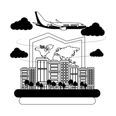 airplane flying with buildings and paper map vector illustration designのイラスト素材