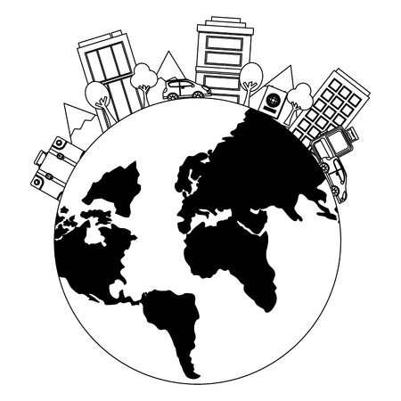 world planet earth with cityscape isolated icon vector illustration designのイラスト素材