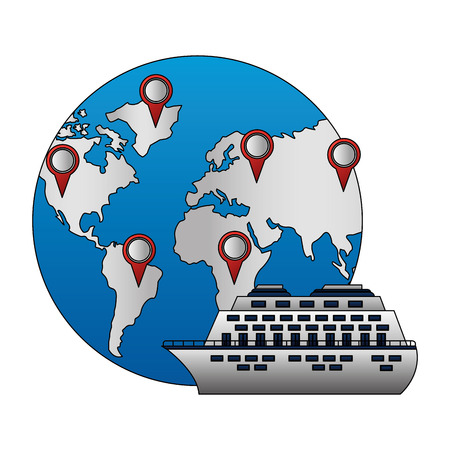 world planet earth with cruice ship and pointer location vector illustration designのイラスト素材