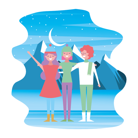 group friends travelers in mountain winter landscape vector illustrationのイラスト素材