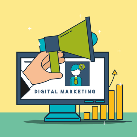 computer with hand megaphone voice digital marketing vector illustrationのイラスト素材