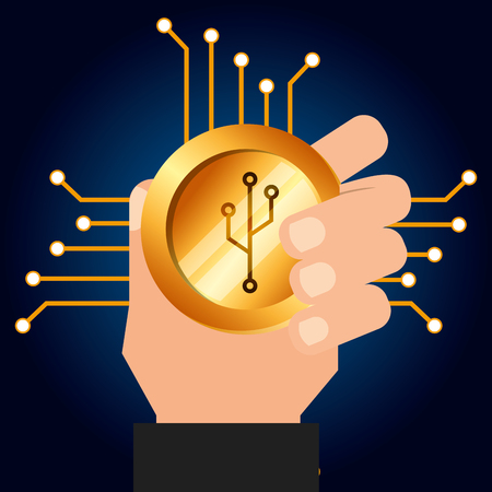 hand holding golden coin digital currency vector illustrationのイラスト素材