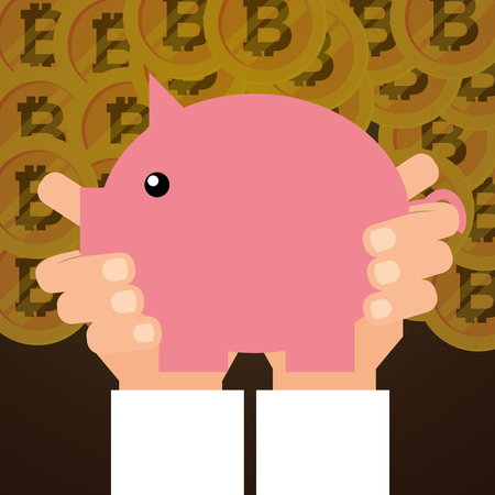 hand with piggy bank bitcoins vector illustrationのイラスト素材