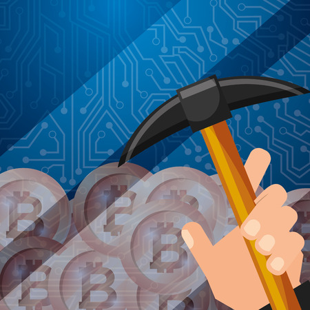 hand holding pickaxe bitcoins mining vector illustrationのイラスト素材
