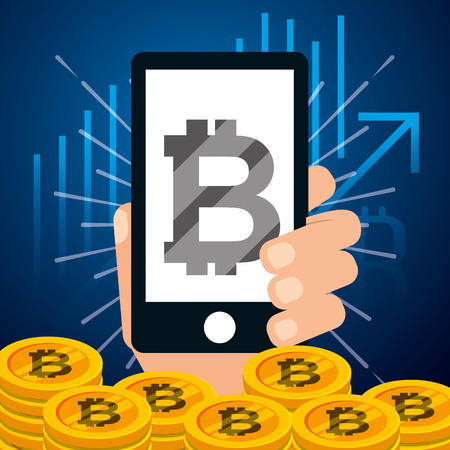 hand holding smartphone bitcoins banking vector illustrationのイラスト素材
