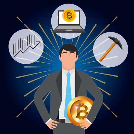 businessman bitcoin pickaxe laptop and financial diagram vector illustrationのイラスト素材