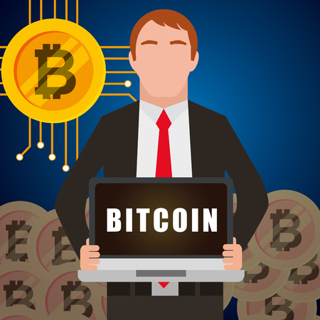 businessman holding laptop with bitcoin word vector illustrationのイラスト素材