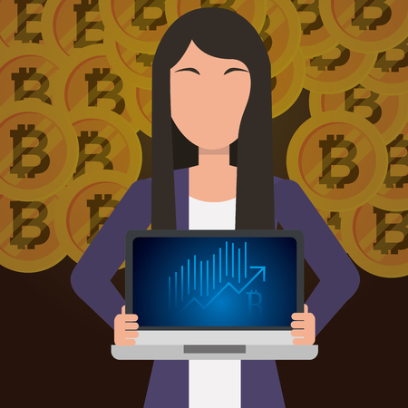 business woman holding laptop diagram with bitcoin background vector illustrationのイラスト素材