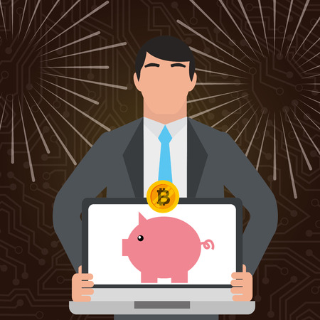 businessman with laptop and piggy bank bitcoin vector illustrationのイラスト素材