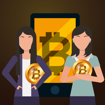 business women bitcoin and smartphone app digital vector illustrationのイラスト素材