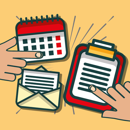 hands with clipboard calendar and envelope message office vector illustrationのイラスト素材