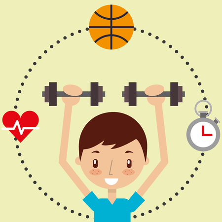 cute boy training with dumbbell sport exercise healthy vector illustrationのイラスト素材