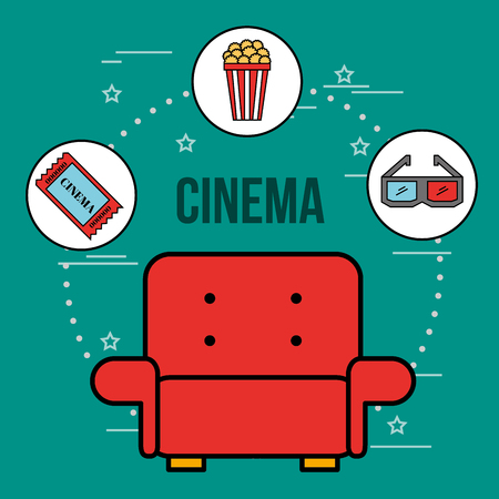 red chair theater popcorn 3d glasses ticket cinema vector illustrationのイラスト素材