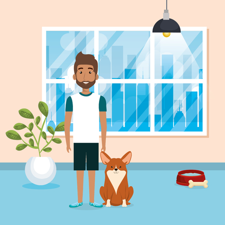 young man with cute mascot in the house vector illustration designのイラスト素材