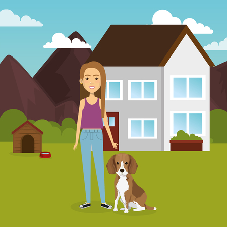 young woman with mascot in the garden vector illustration designのイラスト素材