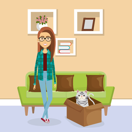 young woman with mascot in the house vector illustration designのイラスト素材