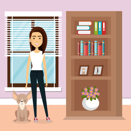 young woman with mascot in the house vector illustration designのイラスト素材