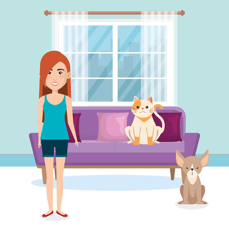 young woman with mascot in the house vector illustration designのイラスト素材