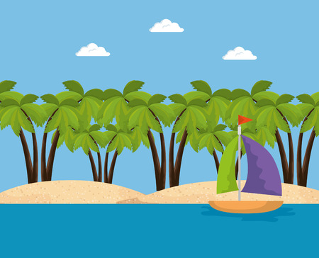 summer time scene with sailboat vector illustration designのイラスト素材