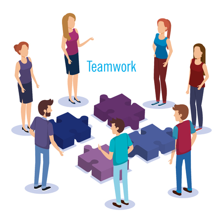 puzzle pieces with teamwork people isometric vector illustration designのイラスト素材