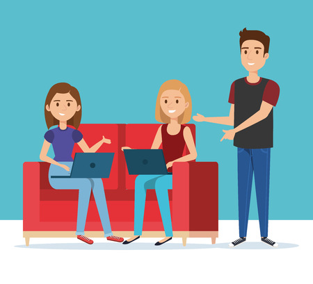 group of young people in the sofa avatars vector illustration designのイラスト素材